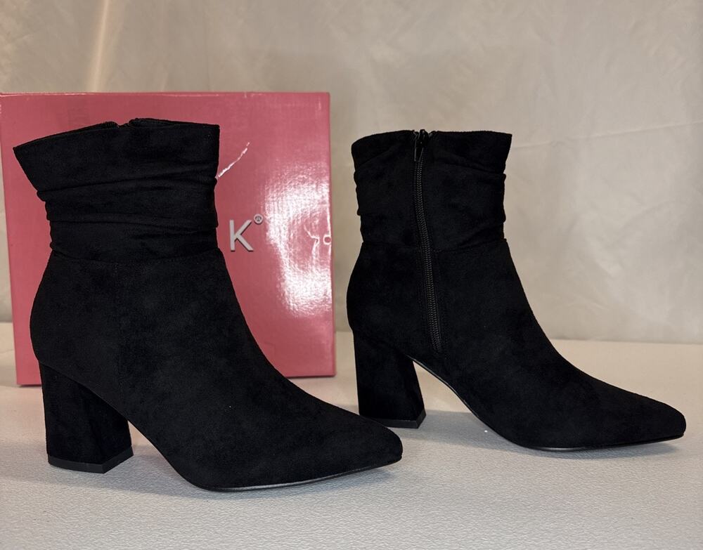 Allegra K Women's Pointy Toe Slouched Zipper Chunky Heel Ankle Boots Black Sz 6